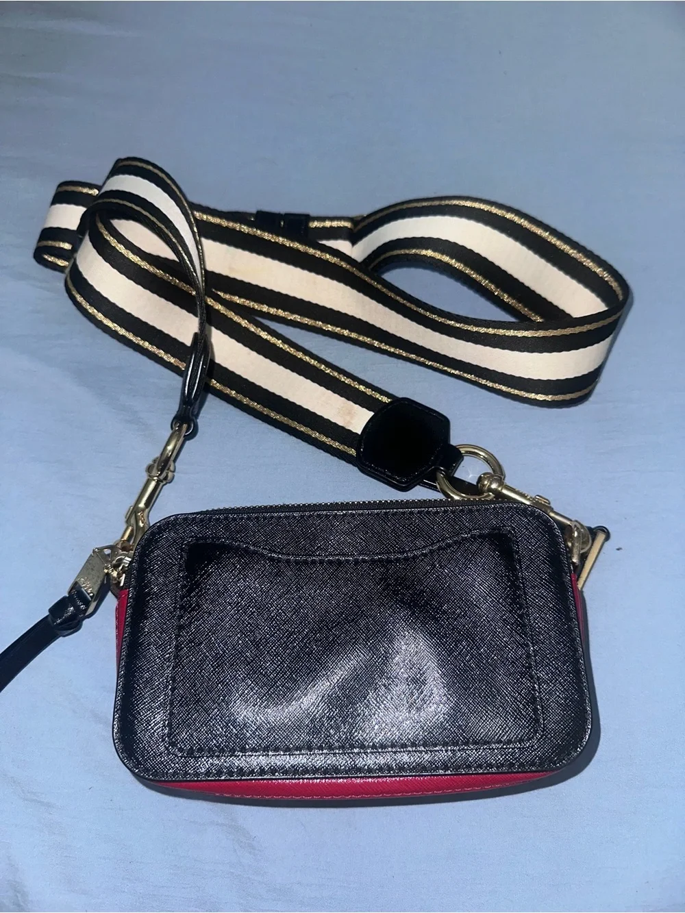 Marc Jacob’s Black and Red Crossbody Camera Bag with Gold Hardware